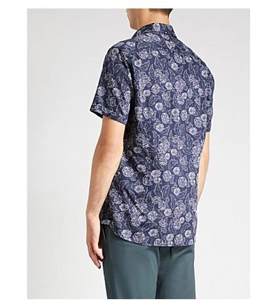 Shop Ted Baker Floral-print Regular-fit Cotton Shirt In Navy