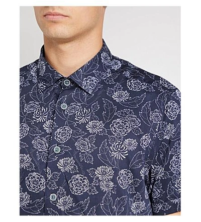 Shop Ted Baker Floral-print Regular-fit Cotton Shirt In Navy