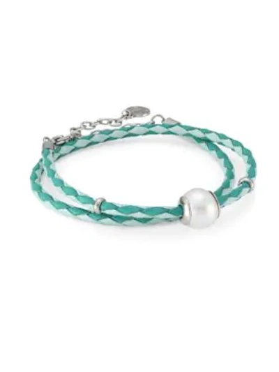 Shop Majorica Amazona Braided Double-wrap Imitation Pearl & Leather Bracelet In White
