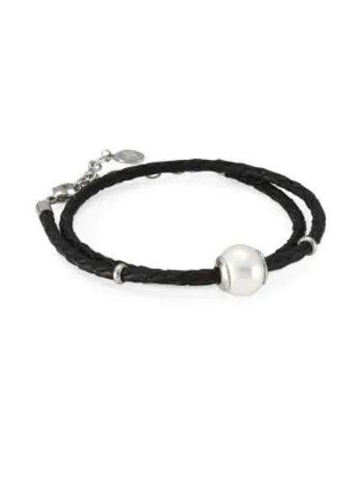 Shop Majorica Amazona Braided Double Wrap Imitation Pearl & Leather Bracelet In Black