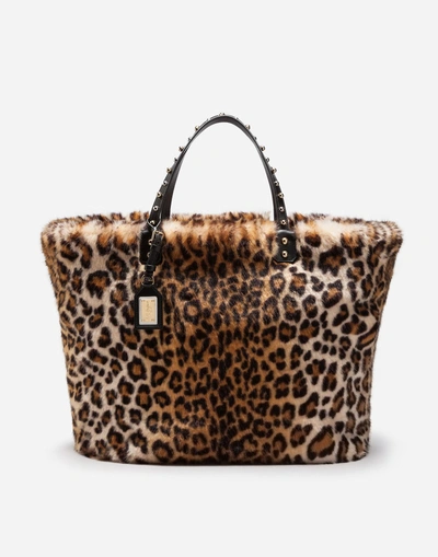 Shop Dolce & Gabbana Beatrice Shopping Bag In Leopard Faux Fur In Leopard Print