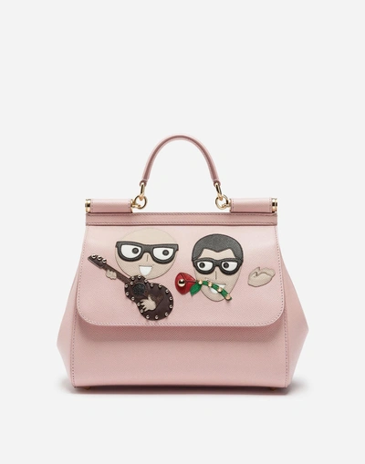 Shop Dolce & Gabbana Sicily Handbag In Dauphine Calfskin With Designers' Patches In Pink