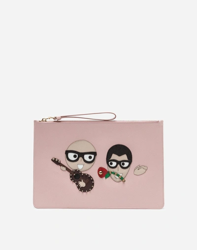 Shop Dolce & Gabbana Clutch In Printed Dauphine Calfskin With Designers' Patches In Pink