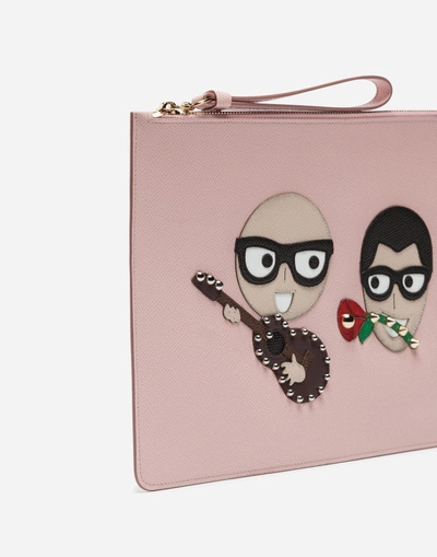 Shop Dolce & Gabbana Clutch In Printed Dauphine Calfskin With Designers' Patches In Pink