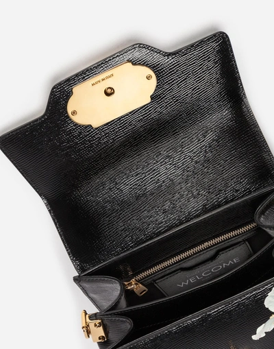 Shop Dolce & Gabbana Welcome Handbag In Iris Print Hand-grained Calfskin In Black