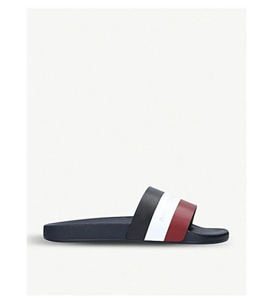 Shop Moncler Striped Leather Sliders In Navy