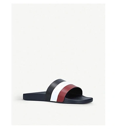 Shop Moncler Striped Leather Sliders In Navy