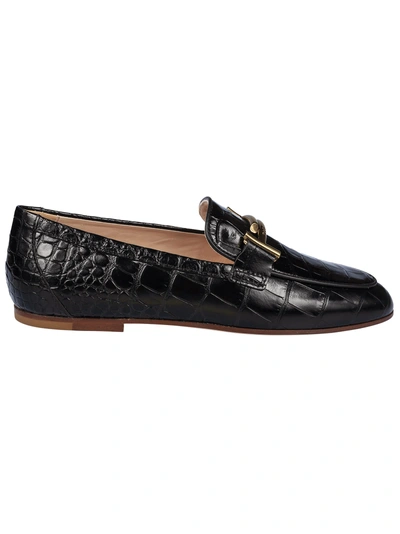 Shop Tod's Crocodile Effect Loafers In Nero