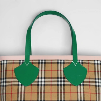 Shop Burberry The Giant Reversible Tote In Vintage Check In Palm Green/pink Apricot
