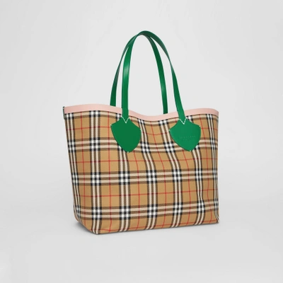 Shop Burberry The Giant Reversible Tote In Vintage Check In Palm Green/pink Apricot