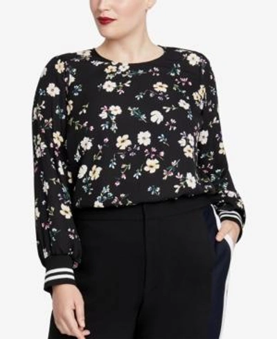 Shop Rachel Rachel Roy Trendy Plus Size Knit-cuff Blouse In Black Combo