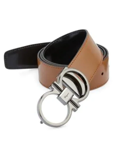 Shop Ferragamo Double Gancini Leather Belt In Tan