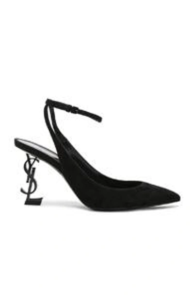 Shop Saint Laurent Suede Opyum Monogramme Ankle Strap Pumps In Black & Black