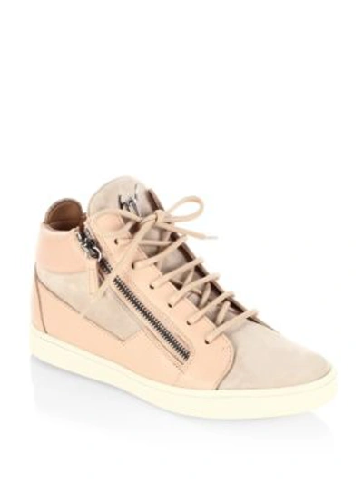 Shop Giuseppe Zanotti Breks Calf Leather Mid-top Sneakers In Cam Pallido