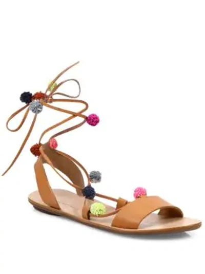 Shop Loeffler Randall Saskia Pom-pom Leather Lace-up Sandals In Light Brown