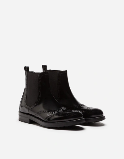 Shop Dolce & Gabbana Chelsea Ankle Boots In Brushed Calfskin With Logo Print In Black