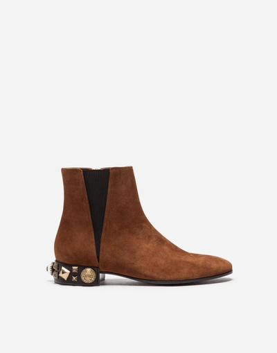 Shop Dolce & Gabbana Chelsea Ankle Boots In Cashmere Split Leather With Embroidered Heel In Brown