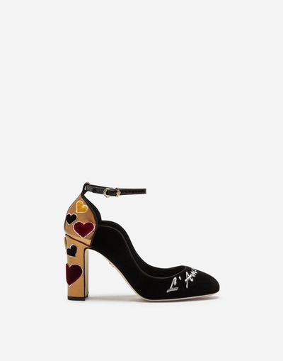 Shop Dolce & Gabbana Velvet Pumps With Strap And Embroidery In Black