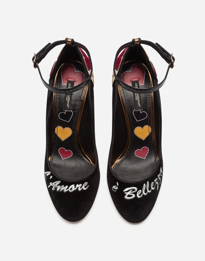 Shop Dolce & Gabbana Velvet Pumps With Strap And Embroidery In Black