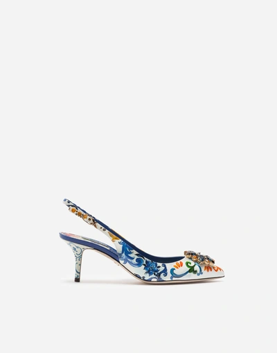 Shop Dolce & Gabbana Printed Patent Leather Slingbacks With Brooch Detail In Majolica Print