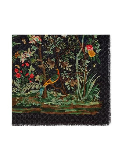 Shop Gucci Tian Print Modal Silk Shawl In Black