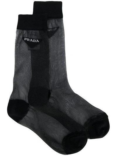 Shop Prada Sheer Logo Socks In Black