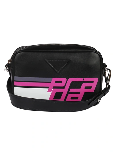 Shop Prada Logo Print Shoulder Bag In Black