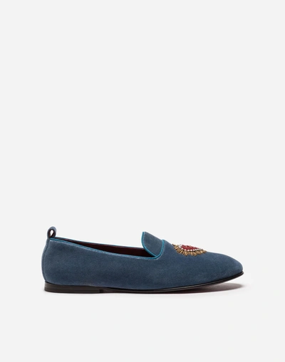 Shop Dolce & Gabbana Velvet Loafers With Heart Embroidery In Azure