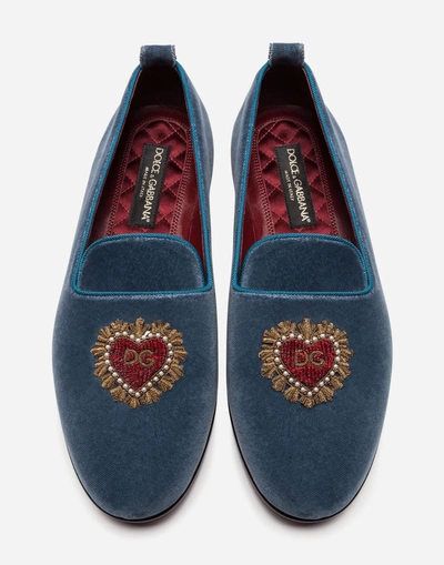 Shop Dolce & Gabbana Velvet Loafers With Heart Embroidery In Azure