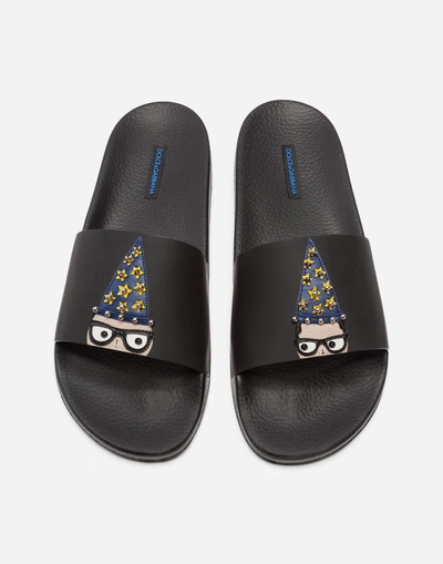 Shop Dolce & Gabbana Slippers In Rubber And Calfskin With Designers' Patches In Black