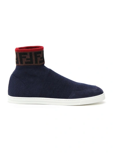Shop Fendi Knitted Sock Boots In Blue