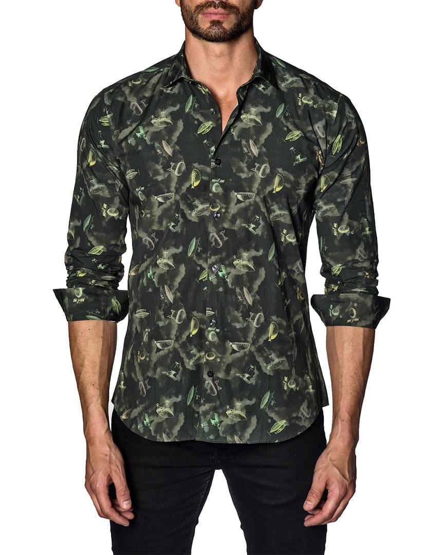 Jared Lang Graphic Cotton Button-down Shirt In Green Army | ModeSens