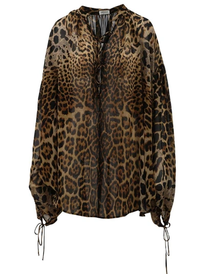 Shop Saint Laurent Animal Print Silk Blouse In Animalier