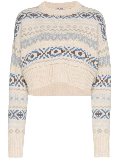 Shop Miu Miu Fair Isle Knitted Cropped Virgin Wool Sweater - Neutrals