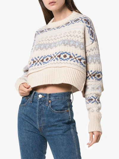 Shop Miu Miu Fair Isle Knitted Cropped Virgin Wool Sweater - Neutrals