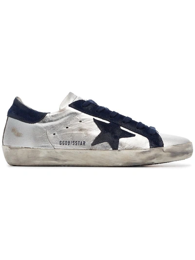 Shop Golden Goose Metallic Silver And Blue Superstar Leather Sneakers