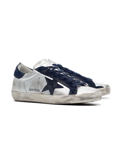 Shop Golden Goose Metallic Silver And Blue Superstar Leather Sneakers
