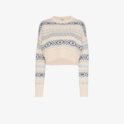 Shop Miu Miu Fair Isle Knitted Cropped Virgin Wool Sweater In Nude&neutrals