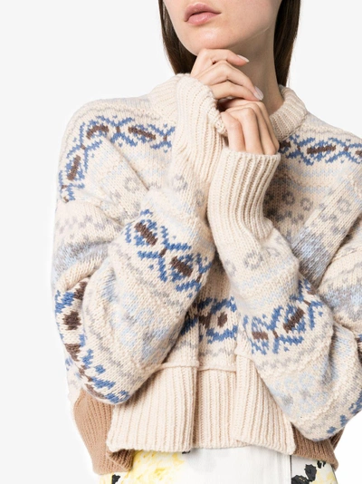 Shop Miu Miu Fair Isle Knitted Cropped Virgin Wool Sweater In Nude&neutrals