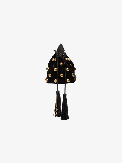 Shop Saint Laurent Black Anja Studded Suede Bucket Bag