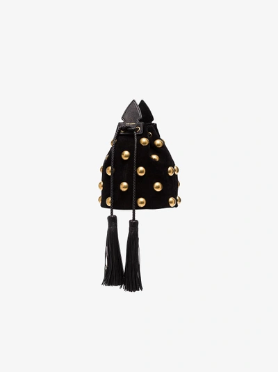 Shop Saint Laurent Black Anja Studded Suede Bucket Bag