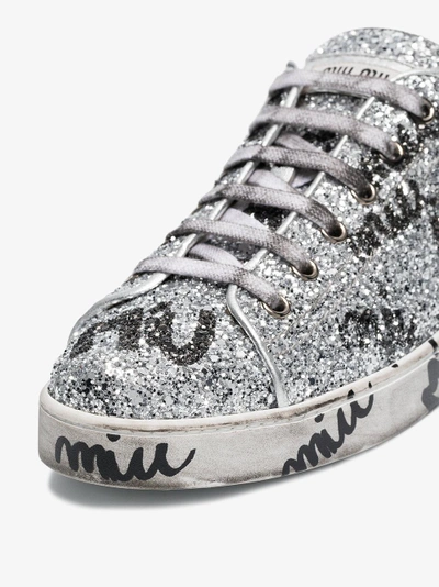 Shop Miu Miu Silver Logo Graffiti Glitter Leather Sneakers In Metallic