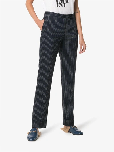 Shop Golden Goose Deluxe Brand Navy And Silver Metallic Venice Pinstripe Trousers In Blue