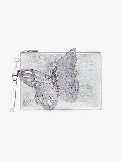 Shop Sophia Webster Silver Flossy Butterfly Leather Clutch In Metallic
