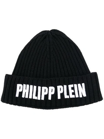 Shop Philipp Plein Logo Patch Beanie Hat - Black