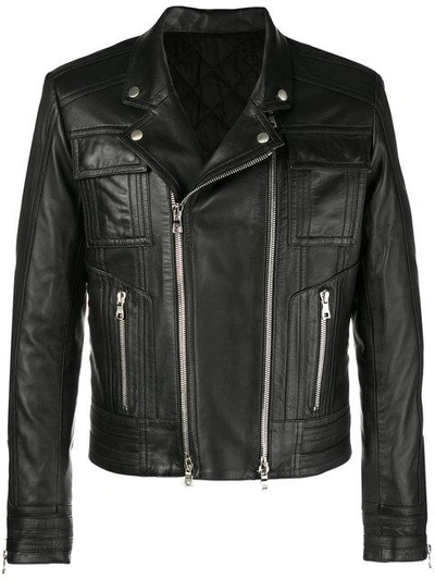 Shop Balmain Leather Graphic Biker Jacket In Black