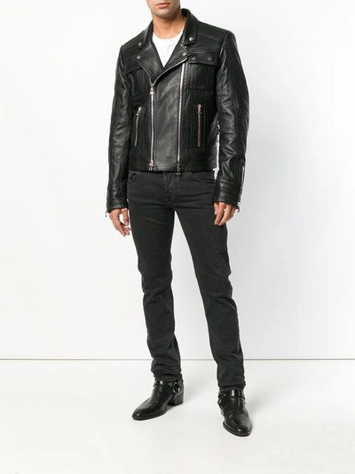 Shop Balmain Leather Graphic Biker Jacket In Black