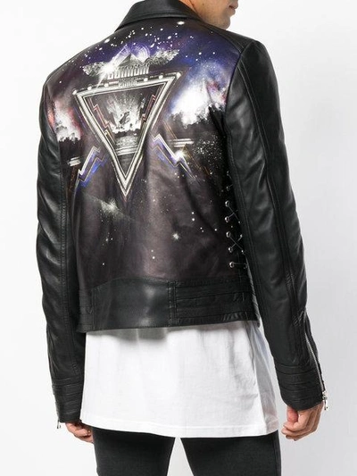 Shop Balmain Leather Graphic Biker Jacket In Black