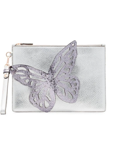 Shop Sophia Webster Silver Flossy Butterfly Leather Clutch - Metallic