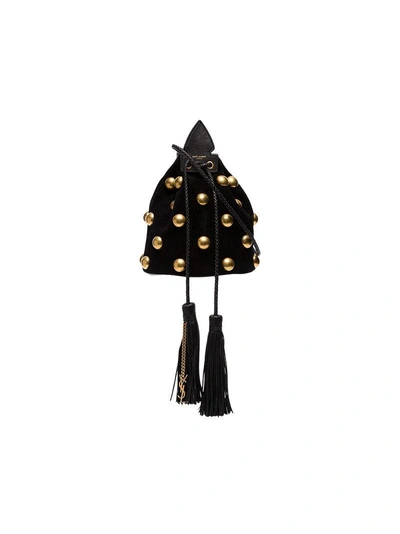 Shop Saint Laurent Black Anja Studded Suede Bucket Bag